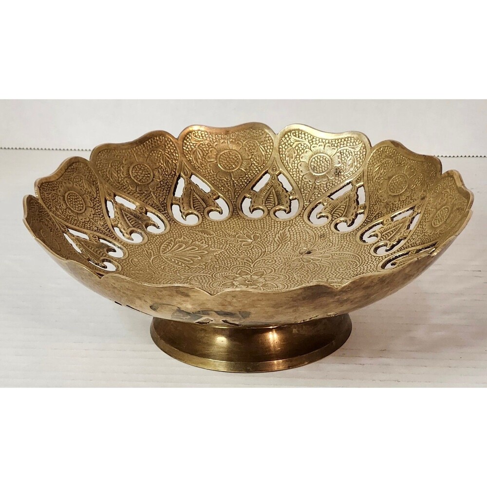 Brass Filigree Pedestal Bowl Etched Intricate Floral Design India 2.5" Vintage